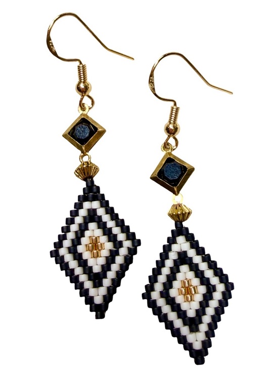 Hand Crafted Jewelry - Art Deco Black & Gold Beaded Earrings | Geometric Statement Dangles
